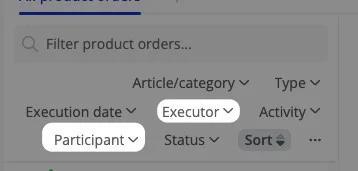 Product orders filter menu with executor, participant, activity, and status options.