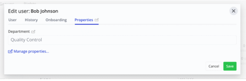 User profile Properties tab with department and custom dimensions for training reporting.