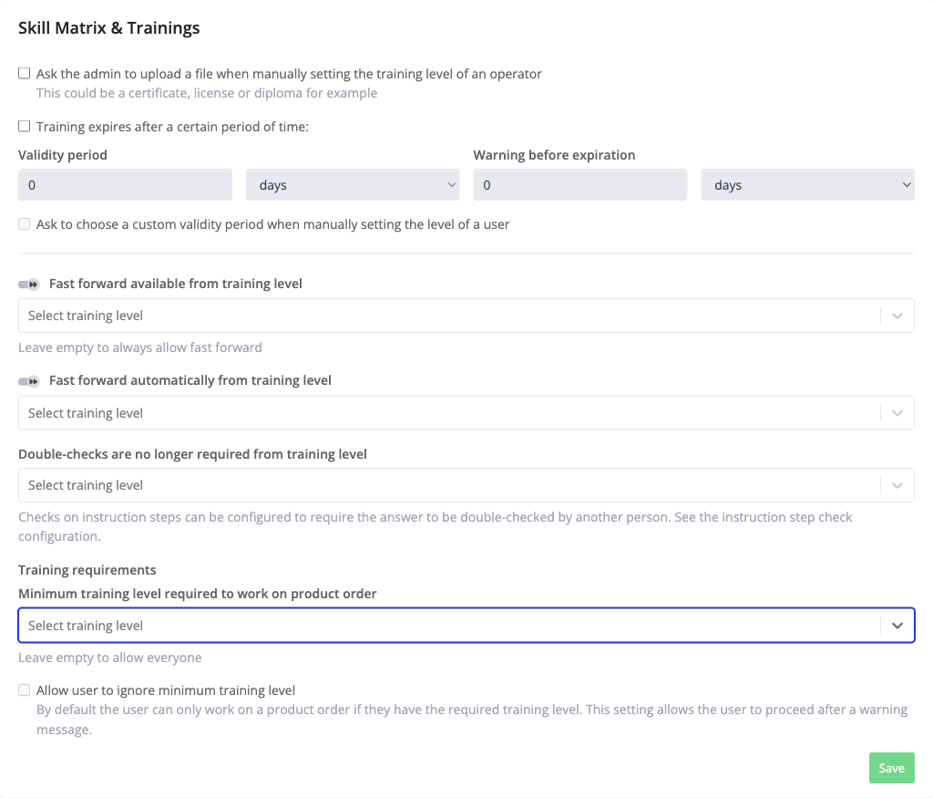 The Training requirements section on a work instruction's Skill Matrix & Trainings tab, with a minimum training level set.