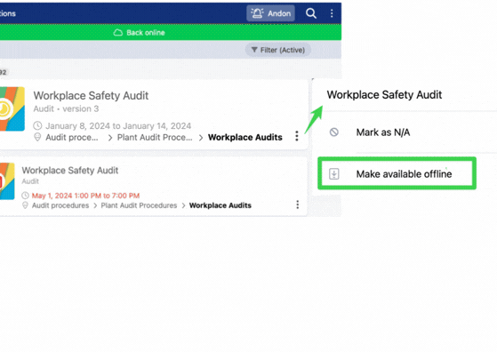 Operator completing an audit offline on a device with sync when connectivity returns.
