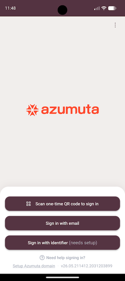 The Azumuta app login screen, showing options to sign in with a one-time QR code, an email, or an identifier.
