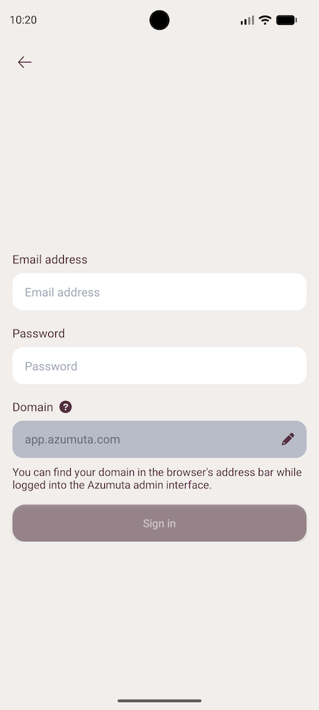 The email login screen in the Azumuta app, with fields for company domain, email, and password.