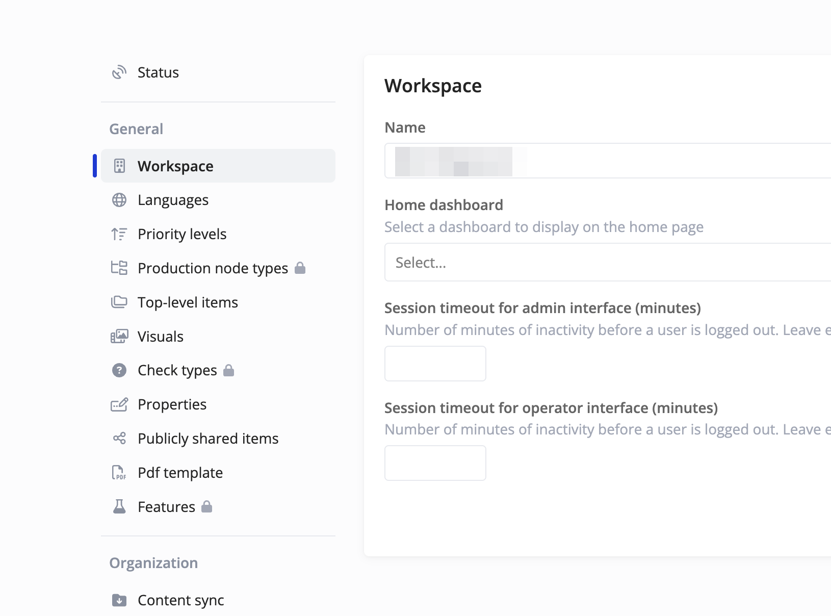 docs session time-out workspace settings