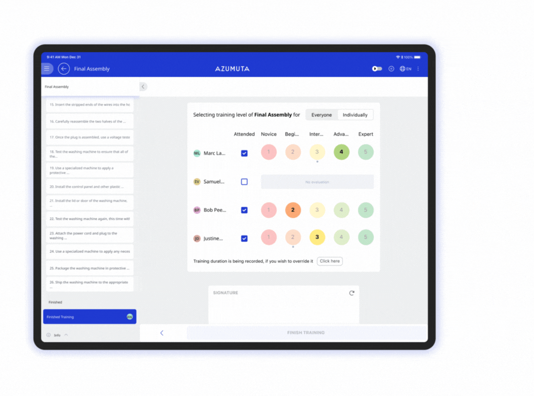Training interface showing group scoring and attendance for trainee groups.