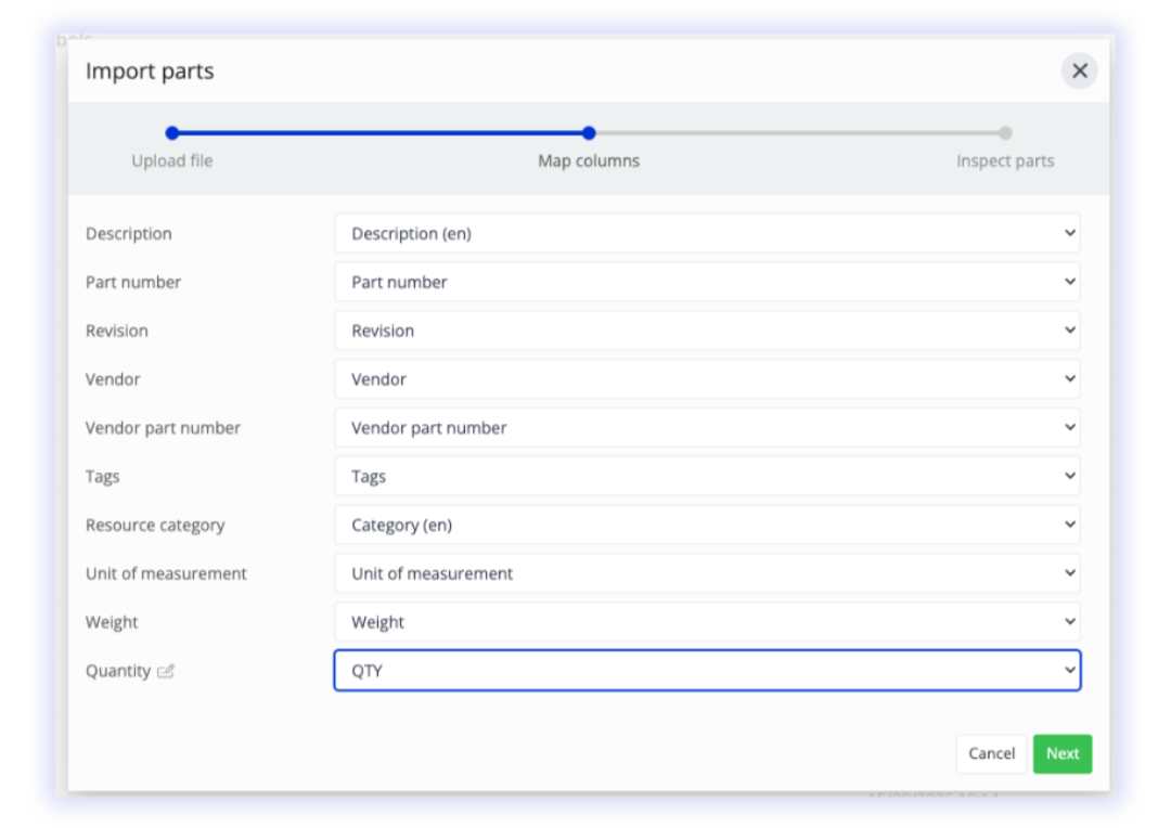 Parts import screen with category mapping and custom properties in the admin interface.
