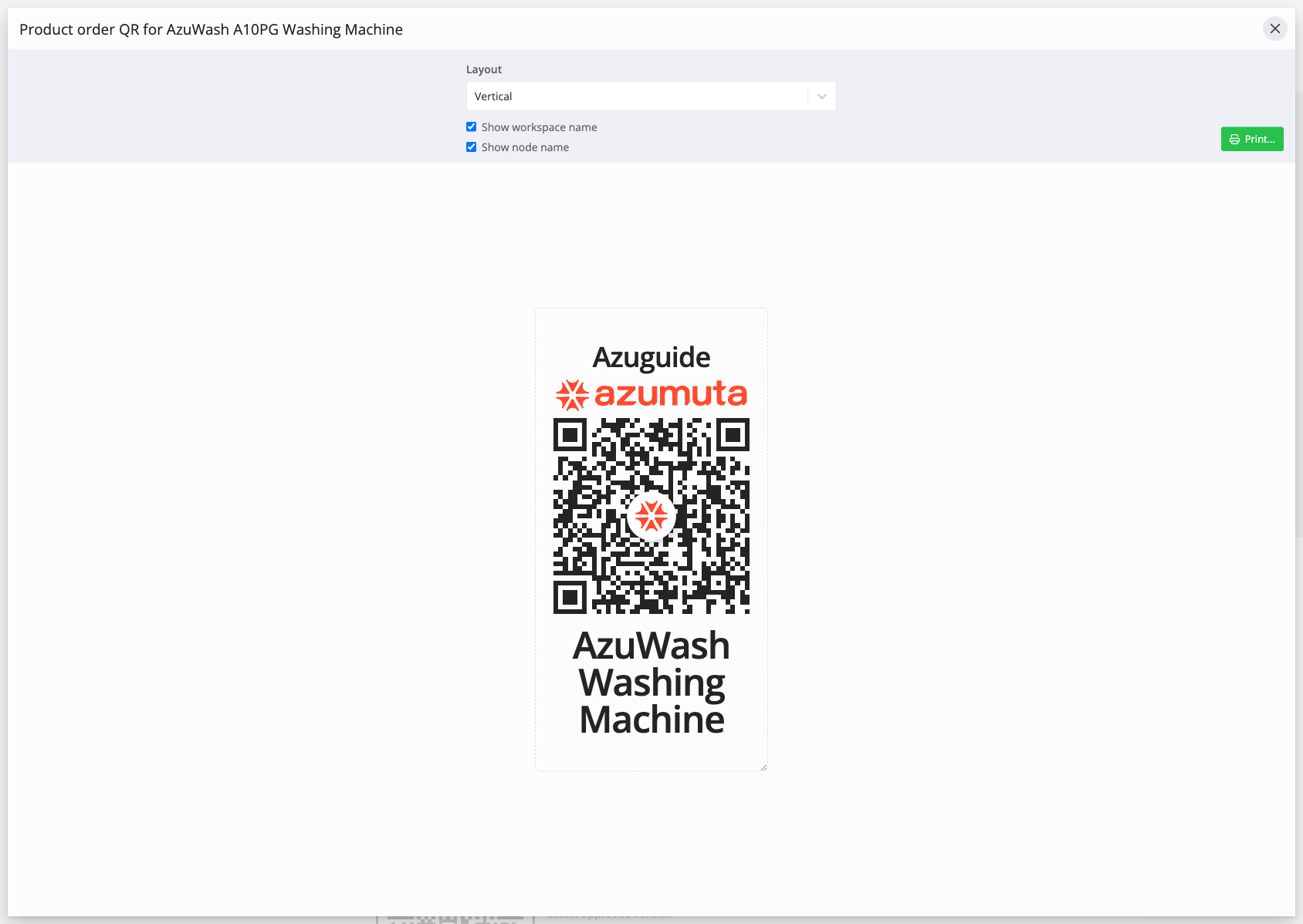 Scanning a create product order QR code opens the Create product order dialog with the article pre-selected.