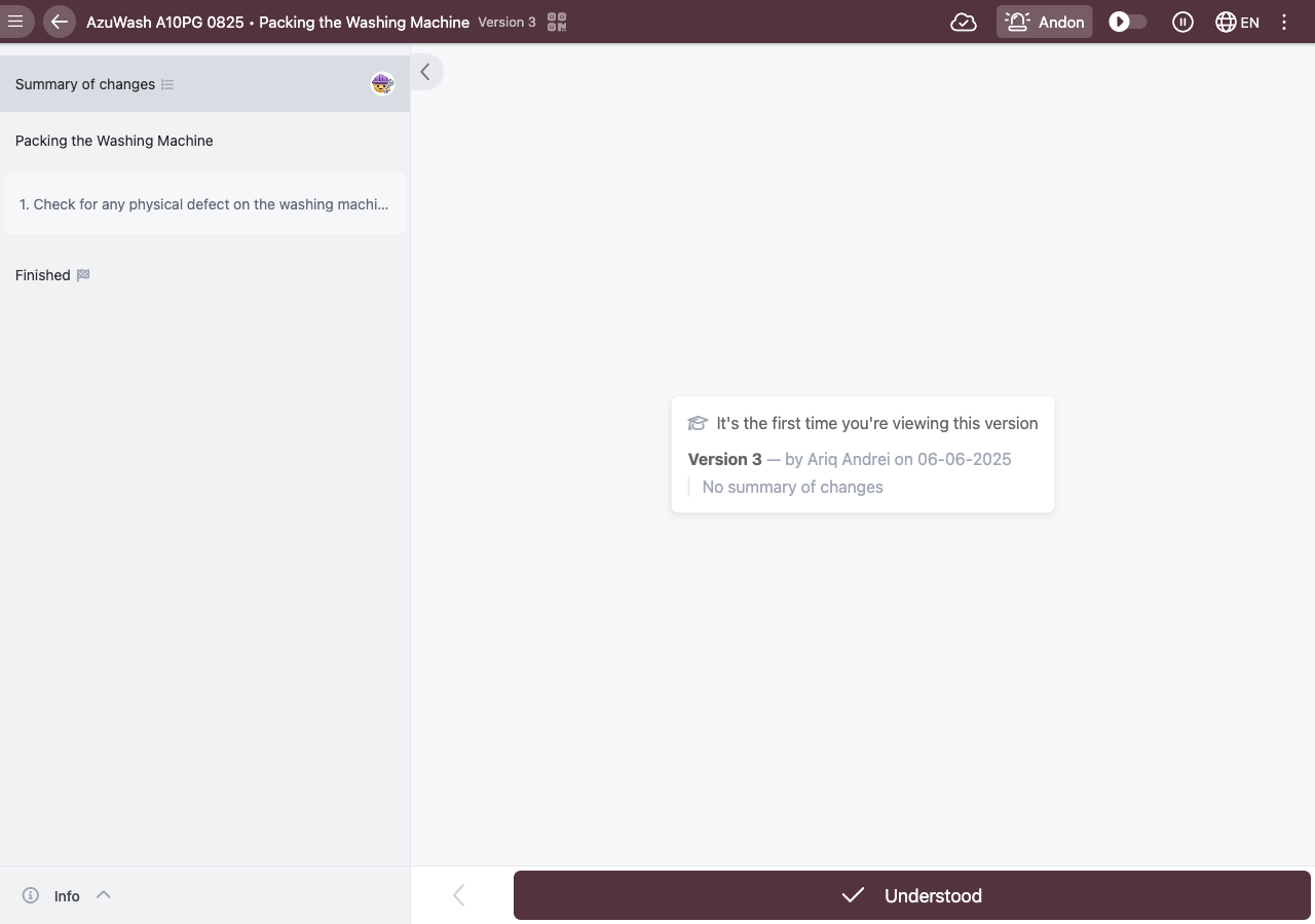 Opening an updated version during a product order: the operator reviews the summary of changes and confirms with Understood.