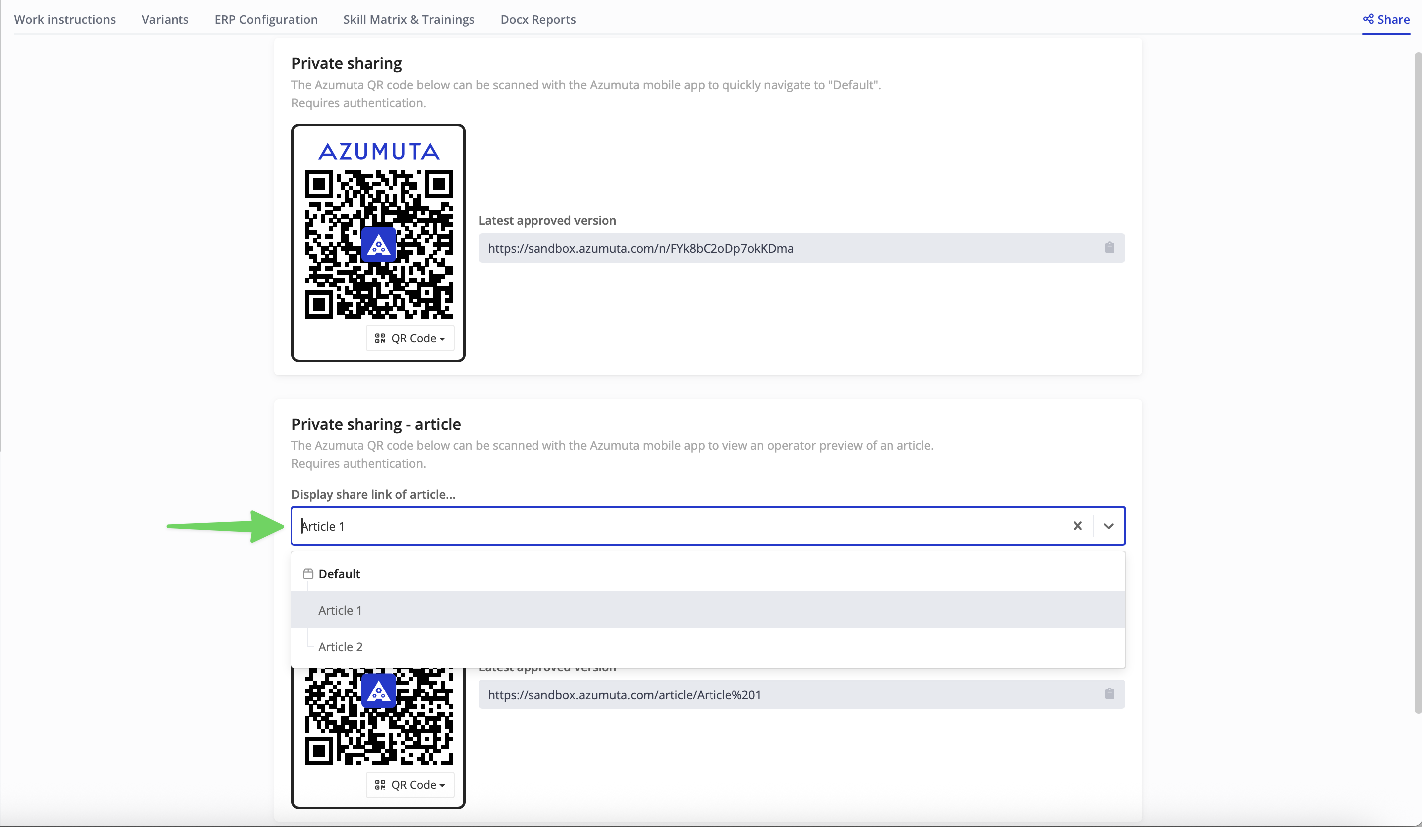Azumuta Share dialog showing a Private sharing block with the work instruction QR code on top, and a Private sharing - article block underneath with an open dropdown labelled “Display share link of article…”, listing a Default, Article 1, and Article 2 option. The dropdown is highlighted with a green arrow.
