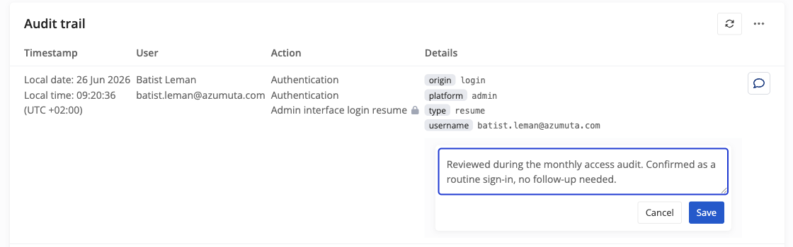 Adding a comment to an audit trail entry; the comment is stored separately and never alters the original record.