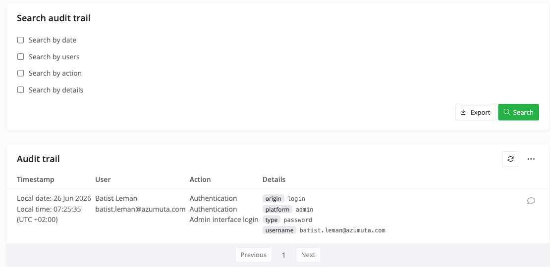 The Audit Trail screen under Settings, with search filters and a recorded sign-in entry showing its details.