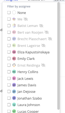 The improvement board assignee filter with the None option selected to show unassigned tickets