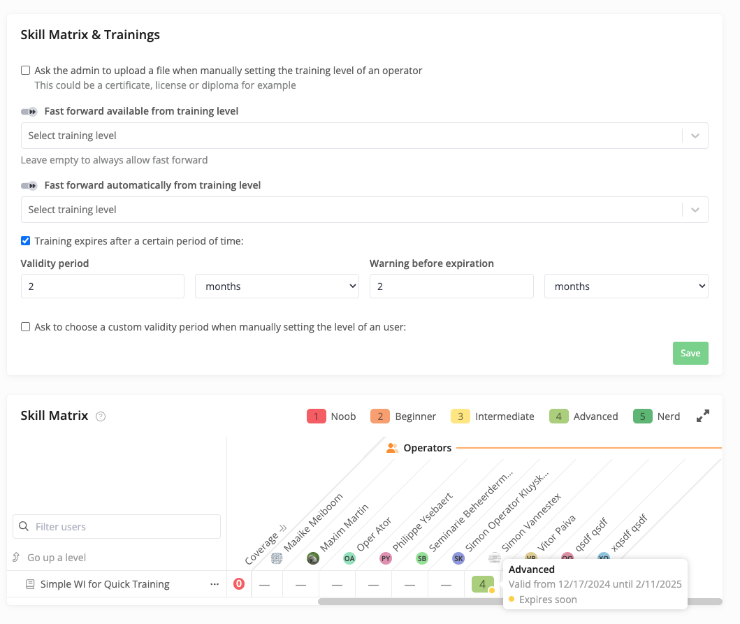 The Skill Matrix & Trainings settings panel showing the “Training expires after a certain period of time” checkbox enabled, with Validity period and Warning before expiration both set to 2 months. Below it, the Skill Matrix shows an Advanced (level 4) competency tooltip with “Valid from 12/17/2024 until 2/11/2025 – Expires soon”.