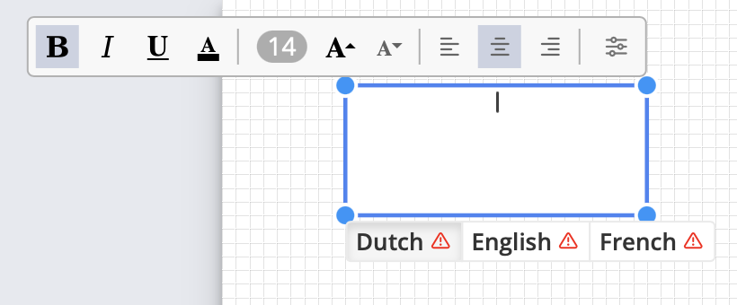 The Azumuta visual editor with a selected text box above the editor canvas. The text formatting toolbar is visible at the top. Below the text box, three language tabs are shown — Dutch, English, and French — each with a small warning icon indicating the translation for that language has not been filled in yet.