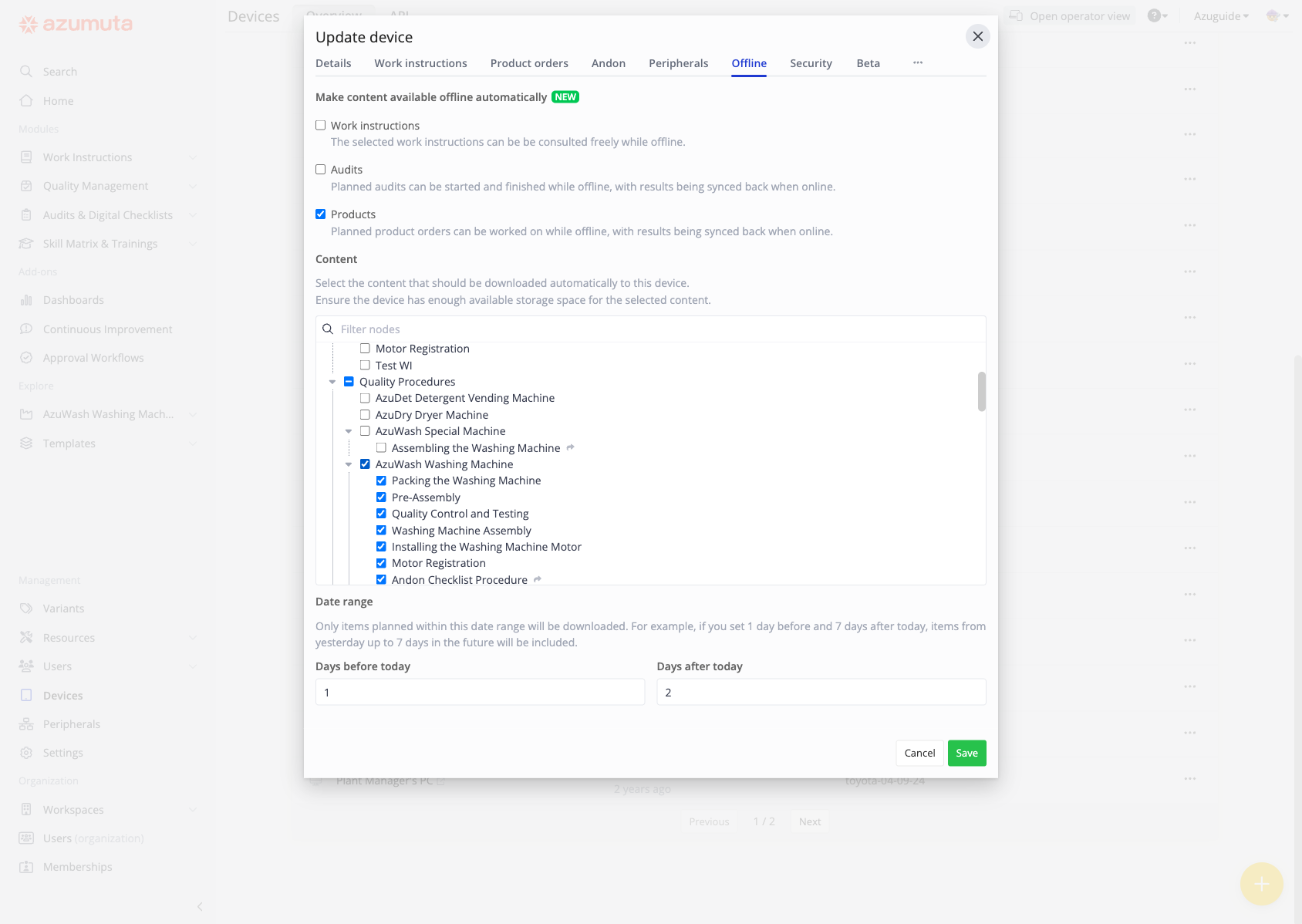 The device Offline tab, with Products ticked for automatic offline availability and a content selection.