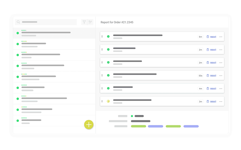 A user interface displaying a report for Order #21-2345. The screen is split into two sections, with a list of items on the left and detailed information on the right, including charts and status indicators. A yellow circular button with a plus sign is at the lower-left corner.