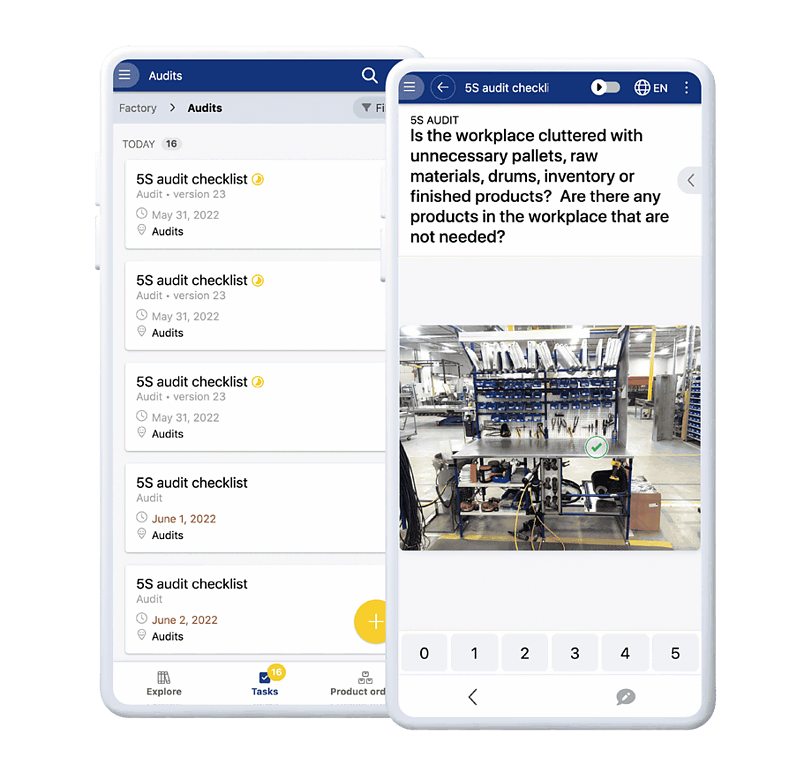 Two mobile screens display an audit app interface. The left screen shows a list of 5S audit checklists with dates. The right screen shows a specific audit checklist question asking about workplace clutter with an image of an organized industrial workspace beneath it.