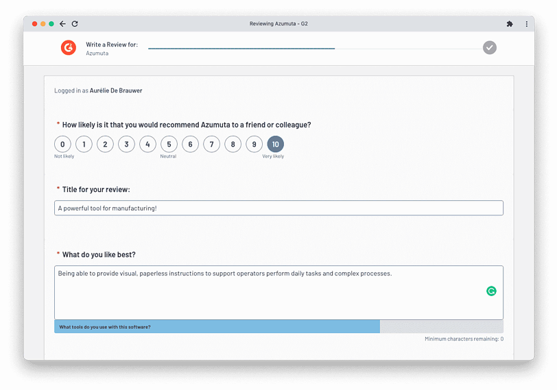 A review form for Azumuta is displayed on a computer screen. It asks how likely the user is to recommend Azumuta on a scale of 0 to 10, their review title, and what the user did best. The user rated 10 and wrote 
