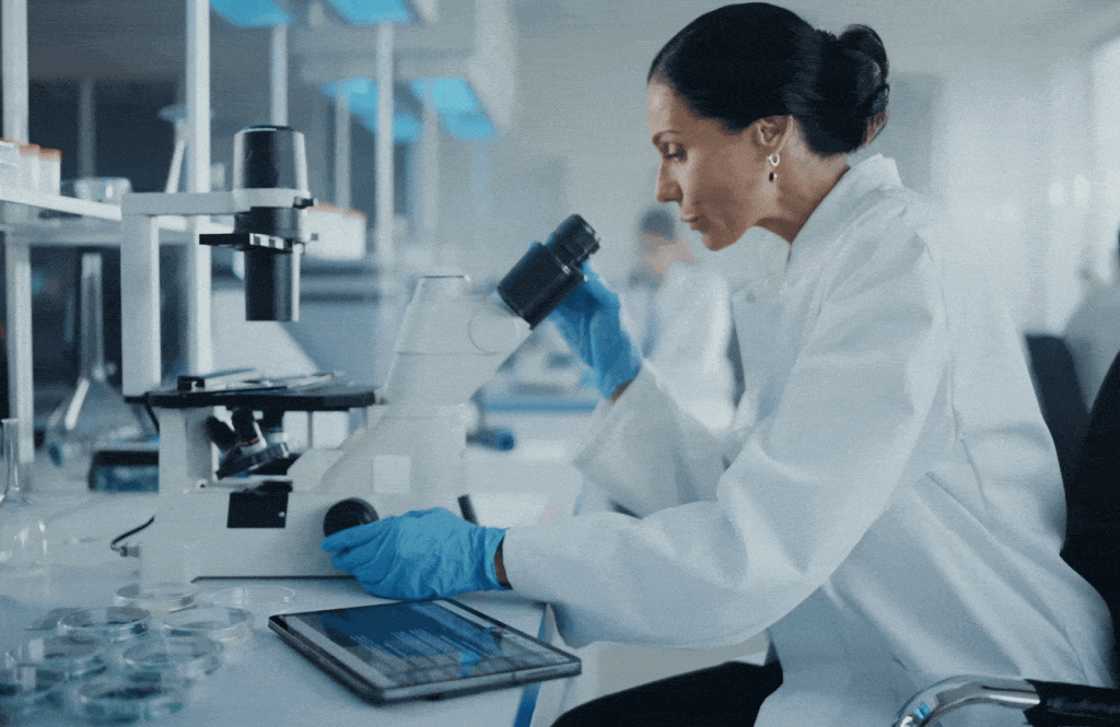 A scientist in a lab coat and blue gloves looks through a microscope on a lab bench. Various petri dishes and a tablet are placed on the bench. The background shows lab equipment and another person working in the lab.