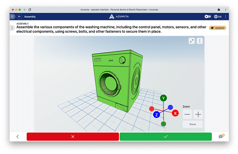 A 3D virtual interface shows a model of a green washing machine with instructions to assemble various components. The model is positioned on a grid with XYZ axes. Red, green, and reset buttons are at the bottom, while the top bar displays 