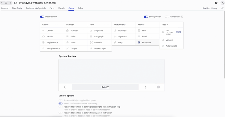 A user interface displaying options for setting up a new peripheral device. Various tabs, including 'General,' 'Time study,' 'Equipment & Symbols,' 'Visuals,' 'Check,' and 'Rules,' are present. The 'Check' tab is open, showing choices like 'Number,' 'Text,' and 'Slider.' An 'Operator Preview' section and 'General options' are also visible.