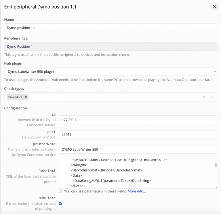 Screenshot of the Dymo position 1.1 edit interface displaying configuration settings for connecting a Dymo LabelWriter 550 printer in the Azumuta Operator Interface. Details include NP of the Dymo Connector service, port number, printer name, and XML of the label template.
