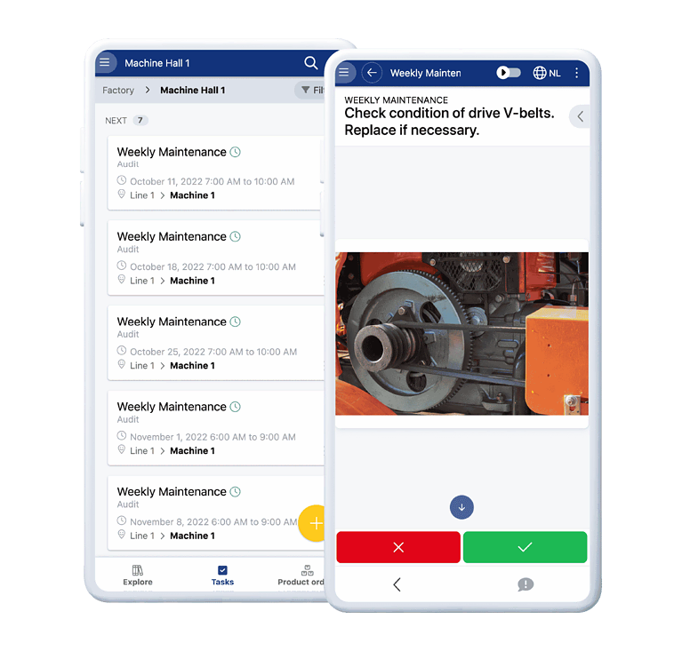 Two smartphone screens showing a maintenance app interface. The left screen displays a schedule for weekly maintenance, and the right screen shows a detailed task: 