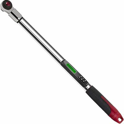 Digital torque wrench with a long, slim metal handle and a rubberized black and red grip. The tool has a digital display screen and control buttons near the grip, with a socket head on one end for tightening bolts with precision.