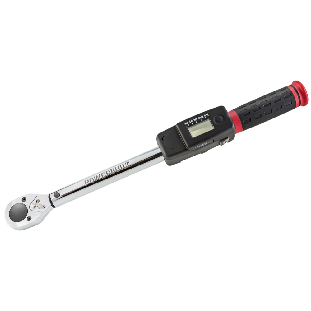 A digital torque wrench with a black and red handle. The handle features a digital display for precise torque readouts. The metallic shaft is shiny and features the brand name 