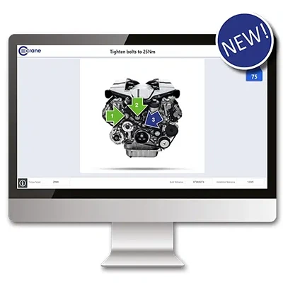 A computer monitor displays an engine with numbered green arrows indicating bolt-tightening points. A blue starburst in the top right corner reads 