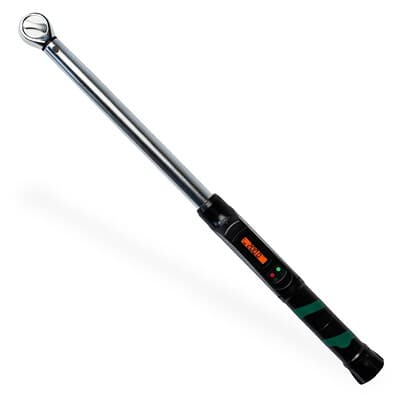 A digital torque wrench with a long, metallic handle and a black grip featuring green accents. The display screen and buttons are located toward the handle's end, next to a noticeable brand logo that appears in orange.