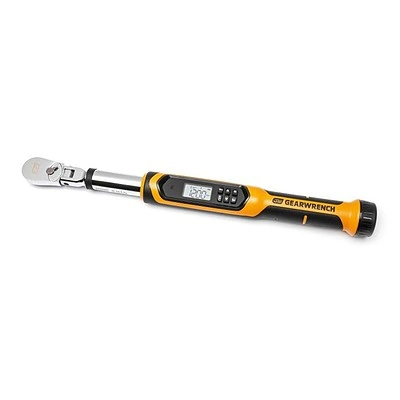A digital torque wrench with an LCD display and buttons is shown. The handle and the digital interface are black and yellow. The head of the wrench is metallic and features a pivoting mechanism. The brand 