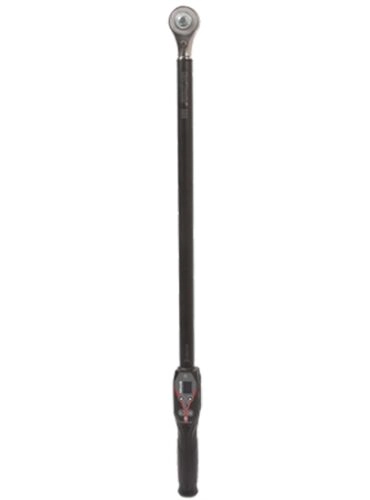 A digital torque wrench with a long black handle, a narrow body, and an LCD screen near the grip. The head of the wrench is metallic and circular, designed to fit various sockets. The tool is shown vertically against a plain background.