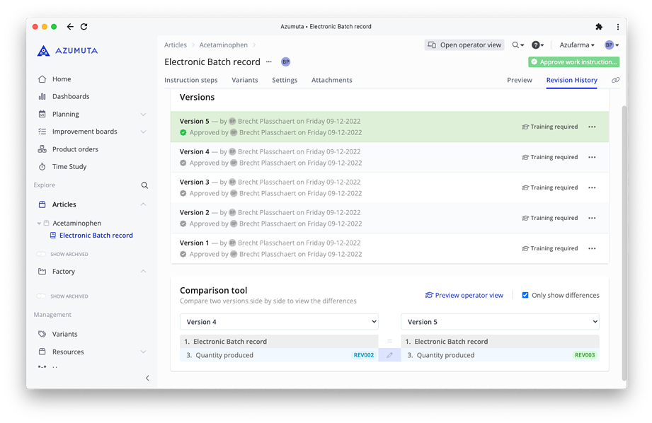 A computer screen displays an electronic batch record platform titled 