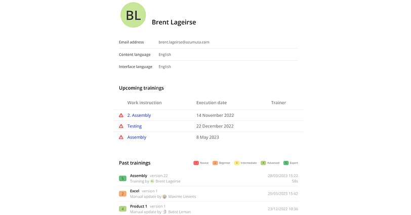 A training schedule webpage is displayed, featuring a user's information at the top: 'BL,' 'Brent Lagerise,' and their email. It lists upcoming training sessions and their dates. Past trainings are also shown, categorized by rating, along with completion dates.