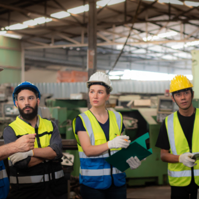 A group of factory workers stands in a workshop, wearing reflective vests and hard hats. One person is holding a clipboard, and others are attentively listening to someone speaking to them. Industrial equipment and machinery are visible in the background.