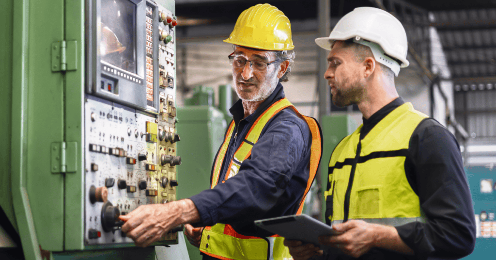 Two workers in safety gear, including hard hats and reflective vests, operate a control panel in an industrial setting. One is adjusting the controls while the other observes, holding a tablet. Machines and equipment are visible in the background.