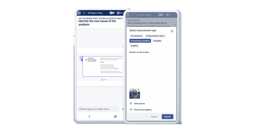 Two smartphone screens are displayed. The left screen shows a chat interface discussing root cause analysis. The right screen shows a form with fields for improvement type selection, including #Production problems and #Quality. A photo option is also visible.