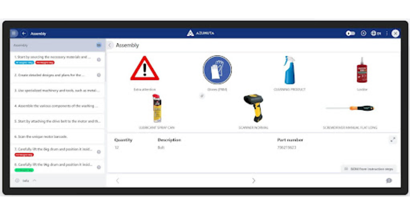 A digital screen displaying assembly instructions. Icons and descriptions for materials like warning signs, gloves, cleaning product, lubricant spray, scanner, and lubricant filler show details such as quantities, part numbers, and safety precautions.