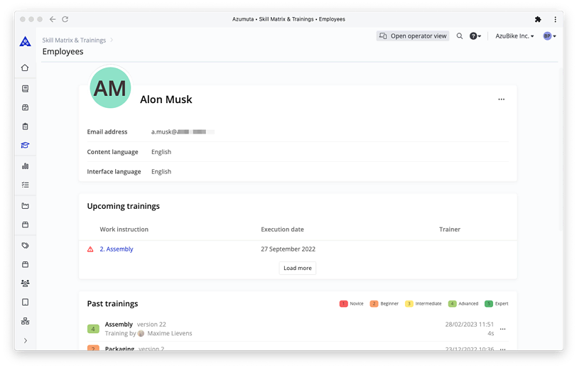 A screenshot of an employee profile on the Axuma Skill Matrix & Trainings system. It shows an employee named