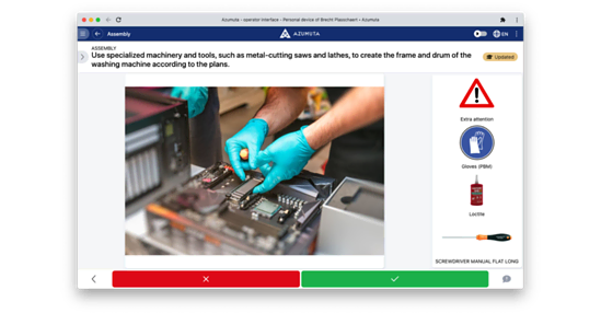 A person wearing blue gloves is working with tools on a piece of machinery. Safety instructions are displayed on the screen, including warnings for extra attention, gloves, and protective footwear. Navigation options and a progress bar are at the bottom of the display.