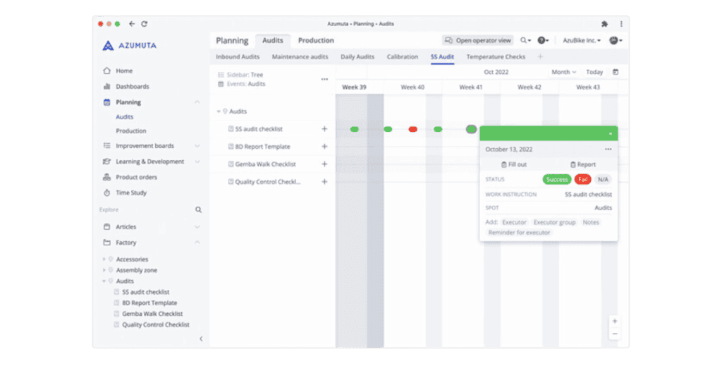 A screenshot of the Azumuta software interface, specifically the Planning - Audits section. The screen shows a Gantt chart with rows for different tasks and their progress. One task is highlighted, displaying a pop-up with task details such as due date, status, and related notes.