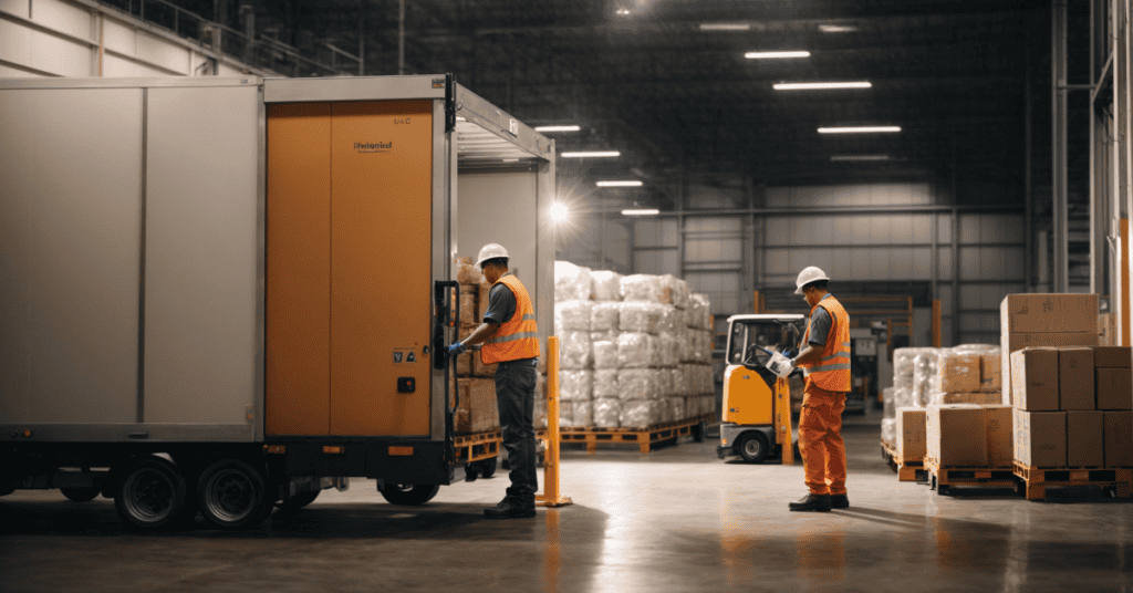 Two workers in safety gear unload boxes from a truck inside a large, well-lit warehouse. Stacks of packages and a forklift are visible in the background. The warehouse appears to be organized and busy, with multiple pallets and shelving units.