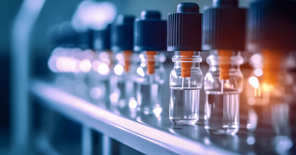 A row of small glass vials with droppers, filled with a clear liquid, is positioned on a metallic surface. The background is out of focus, creating a bokeh effect with bright, blurred lights. The scene suggests a sterile, laboratory or pharmaceutical setting.