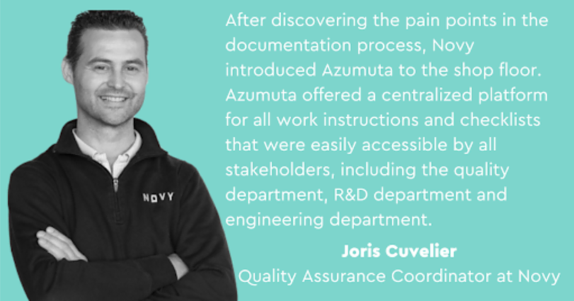 A man wearing a black NOVY jacket stands with arms crossed, smiling at the camera. Beside him, text describes the benefits of Azumuta, a platform improving accessibility of work instructions and checklists for various departments at Novy. His name is Joris Cuvelier, Quality Assurance Coordinator.