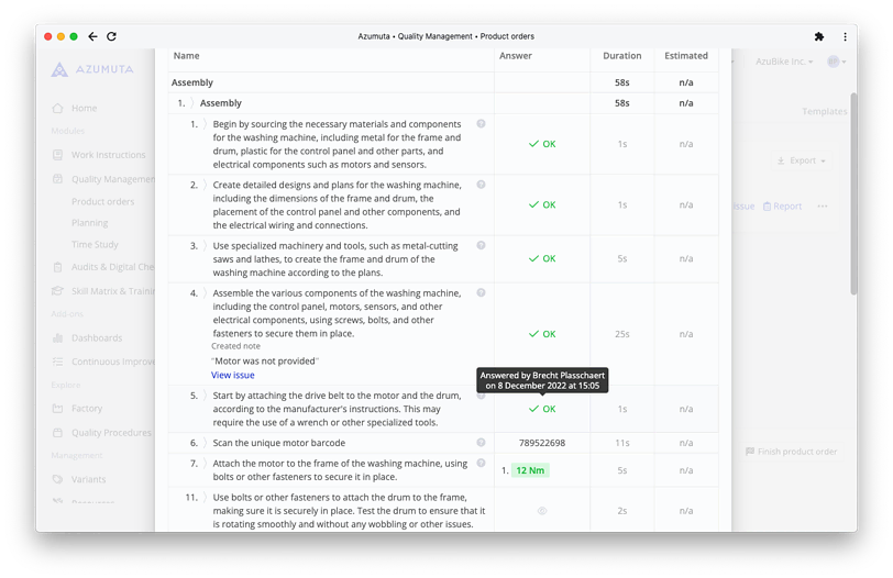 A computer screen displaying a detailed product order for 