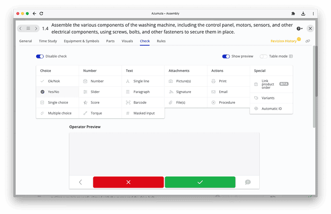 A software interface with tabs includes General, Time Study, Equipment & Symbols, Parts, Visuals, Check, and Rules. A list under the 