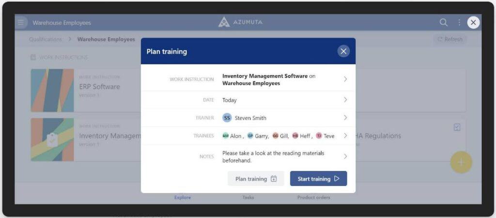 A screenshot of a training plan interface for warehouse employees. The interface shows work instruction 