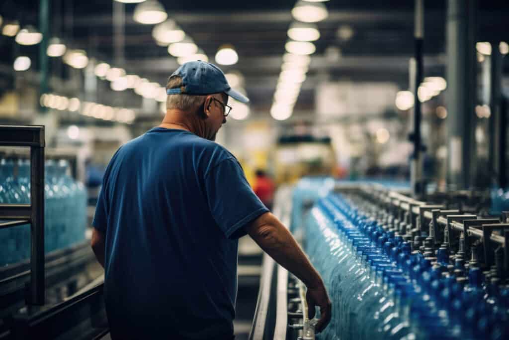 A worker wearing a blue cap and shirt oversees a production line of large blue water bottles in a brightly lit factory. The bottles are lined up in rows, and the environment appears clean and organized.