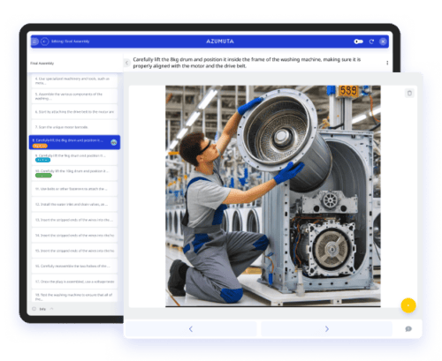 A factory worker assembling a washing machine, carefully placing an 8kg drum into the machine's frame, ensuring alignment with the motor and drive belt. The interface of the Azumuta platform is displayed, highlighting clear step-by-step instructions alongside the visual guidance.