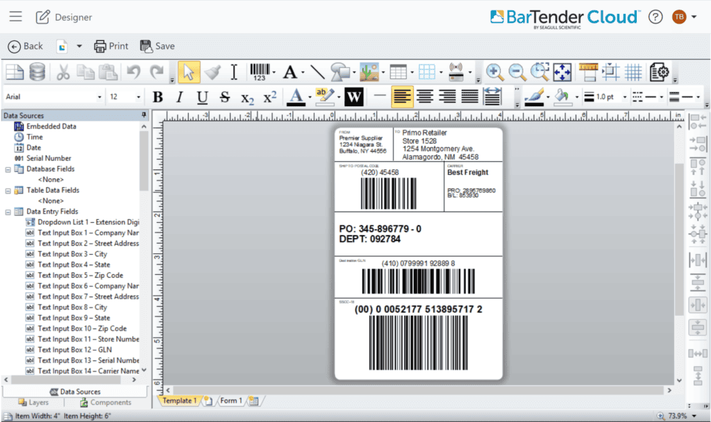 A screenshot of the Bartender Cloud software interface, showing a label design in the central workspace. The label includes several barcodes, text fields for the recipient and sender addresses, and parcel shipment details. Toolbars and menus surround the workspace.